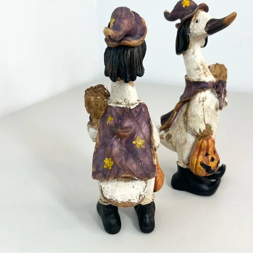 VTG Tii Collection Halloween Duck Witch Pumpkin Broom Resin Figurine Set Of Two